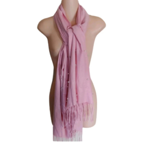 Pink Scarf/Shawl with Pearl and Silver Stud Accents Wide with Tassels - Picture 1 of 8